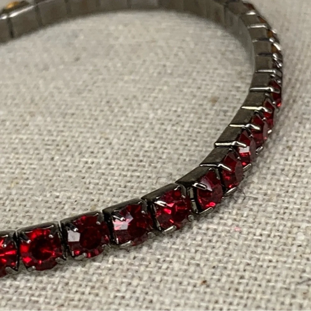 Vintage Silver Red Stretch Tennis Bracelet Formal Glam Goth Ruby Crystal